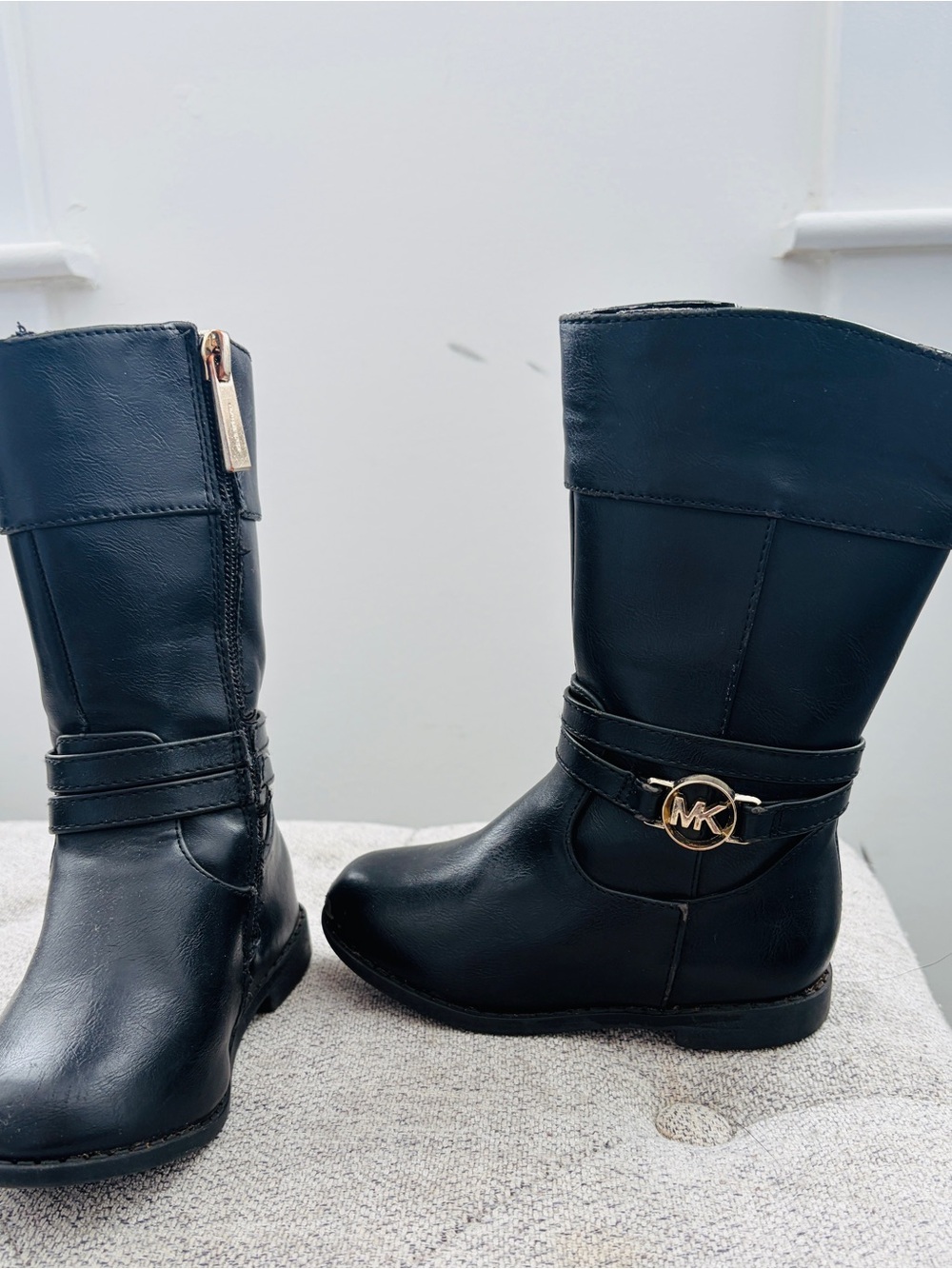 Kids Michael Kors Black Mid-Calf Leather Boots with Gold MK Medallion
